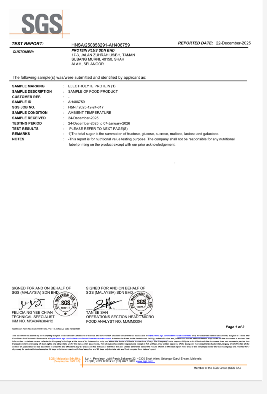 Electrolyte + Protein certificate