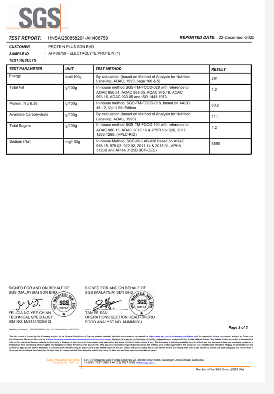 Electrolyte + Protein certificate