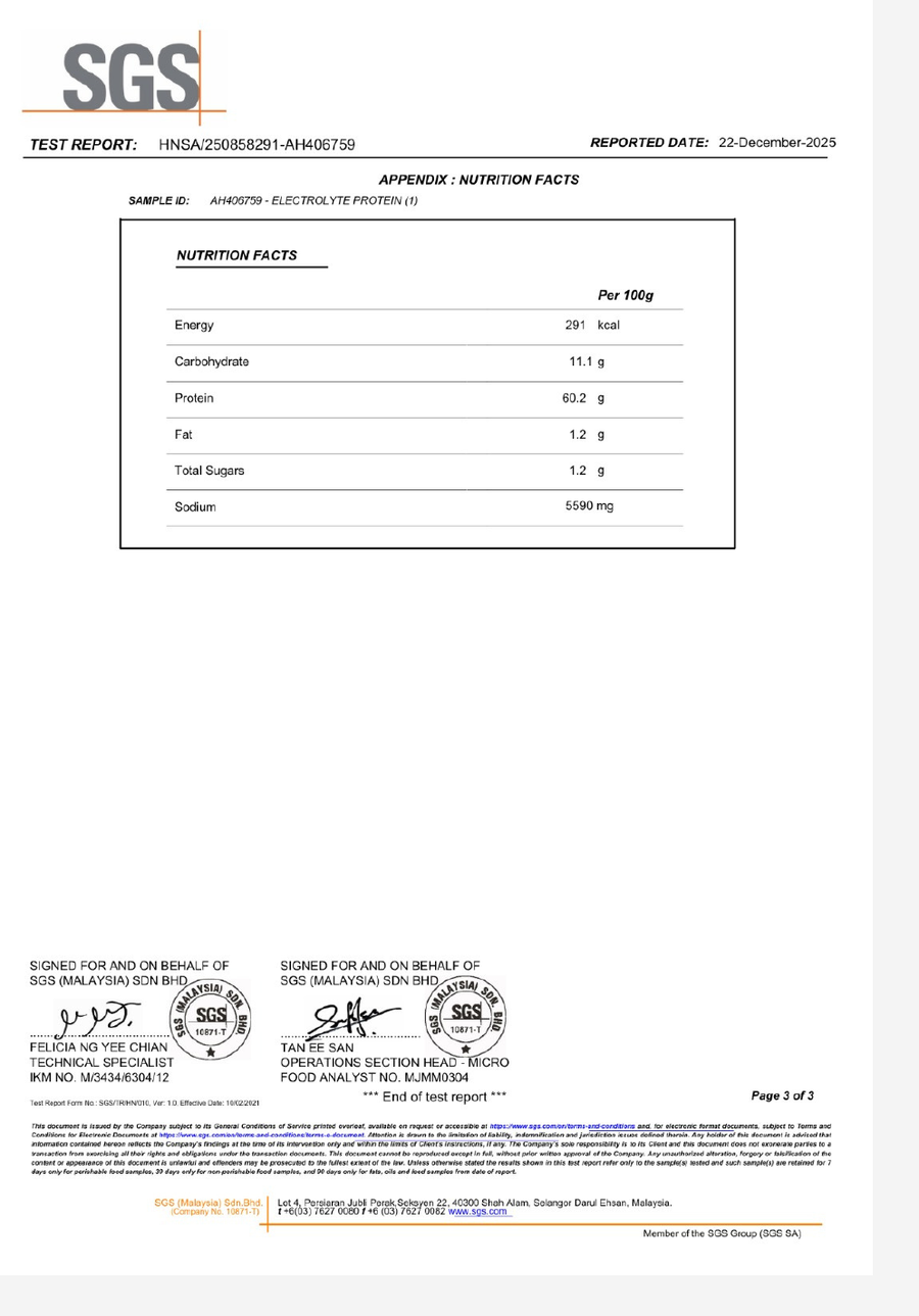 Electrolyte + Protein certificate